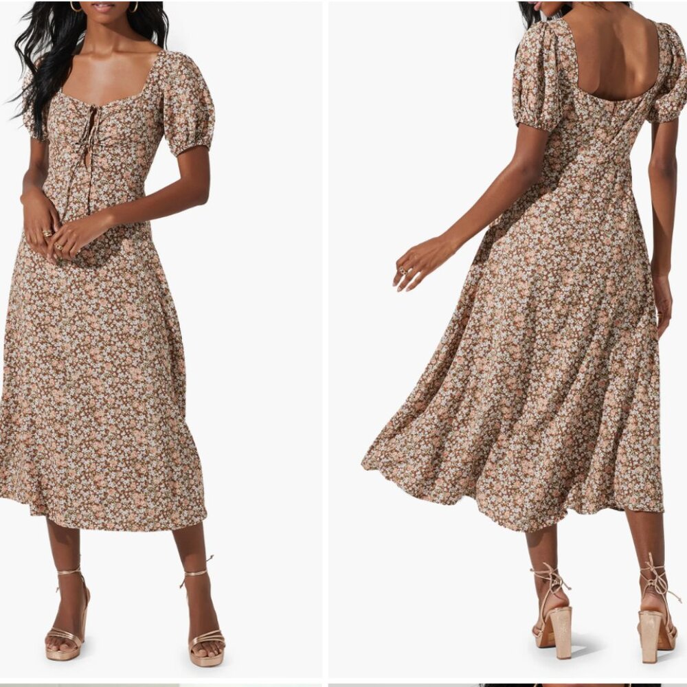 ASTR The Label Floral Lace-Up Puff Sleeve Midi Dress - NEW - SMALL